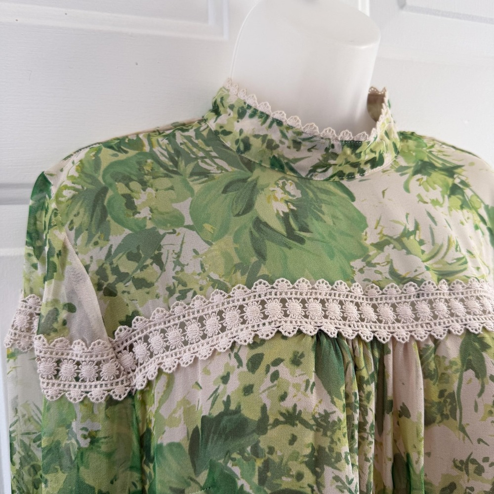 Hope For Flowers By Tracy Reese Angelina Peasant Blouse Womens 10 Green Silk - Picture 10 of 16